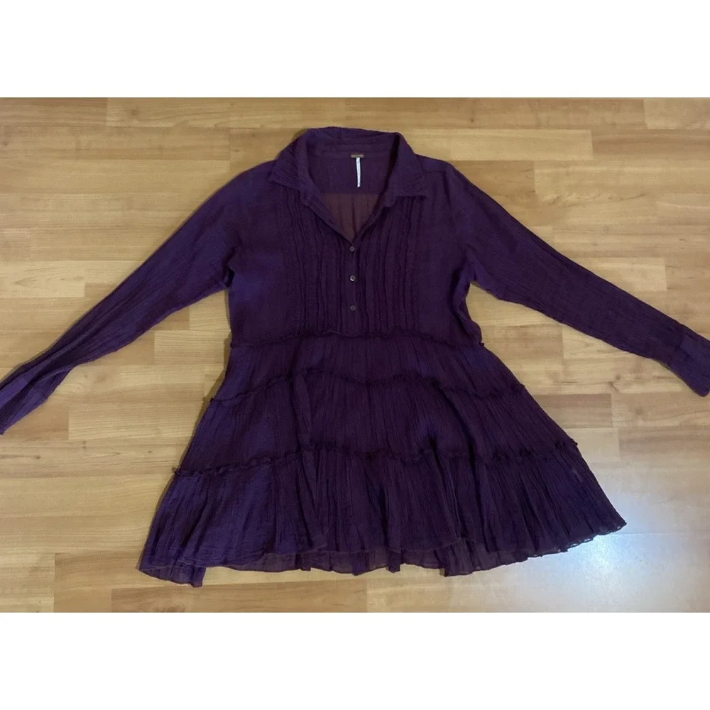 FREE PEOPLE Purple Guaze Tiered Long Sleeve Mini Dress Button Size Small‎